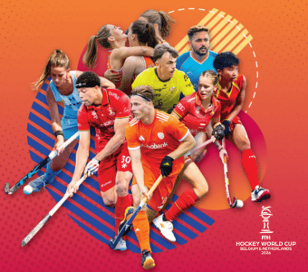 Hockeyspelers uit verschillende landen, met rechts het logo van de FIH Hockey World Cup Belgium & Netherlands 2026.